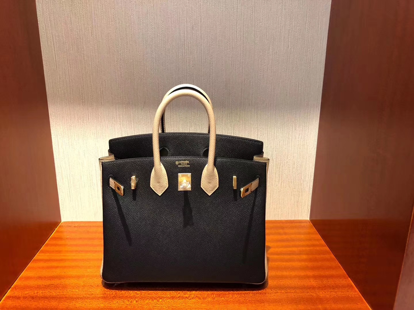 Fashion Hermes CK89 Noir/S2 Grey Trench Epsom Calf Birkin25CM Bag Gold Hardware