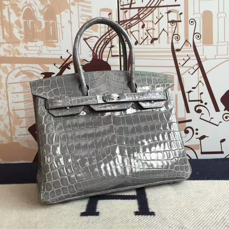 Hermes 8M Gris Paris Crocodile Shiny Leather Birkin Bag  30cm