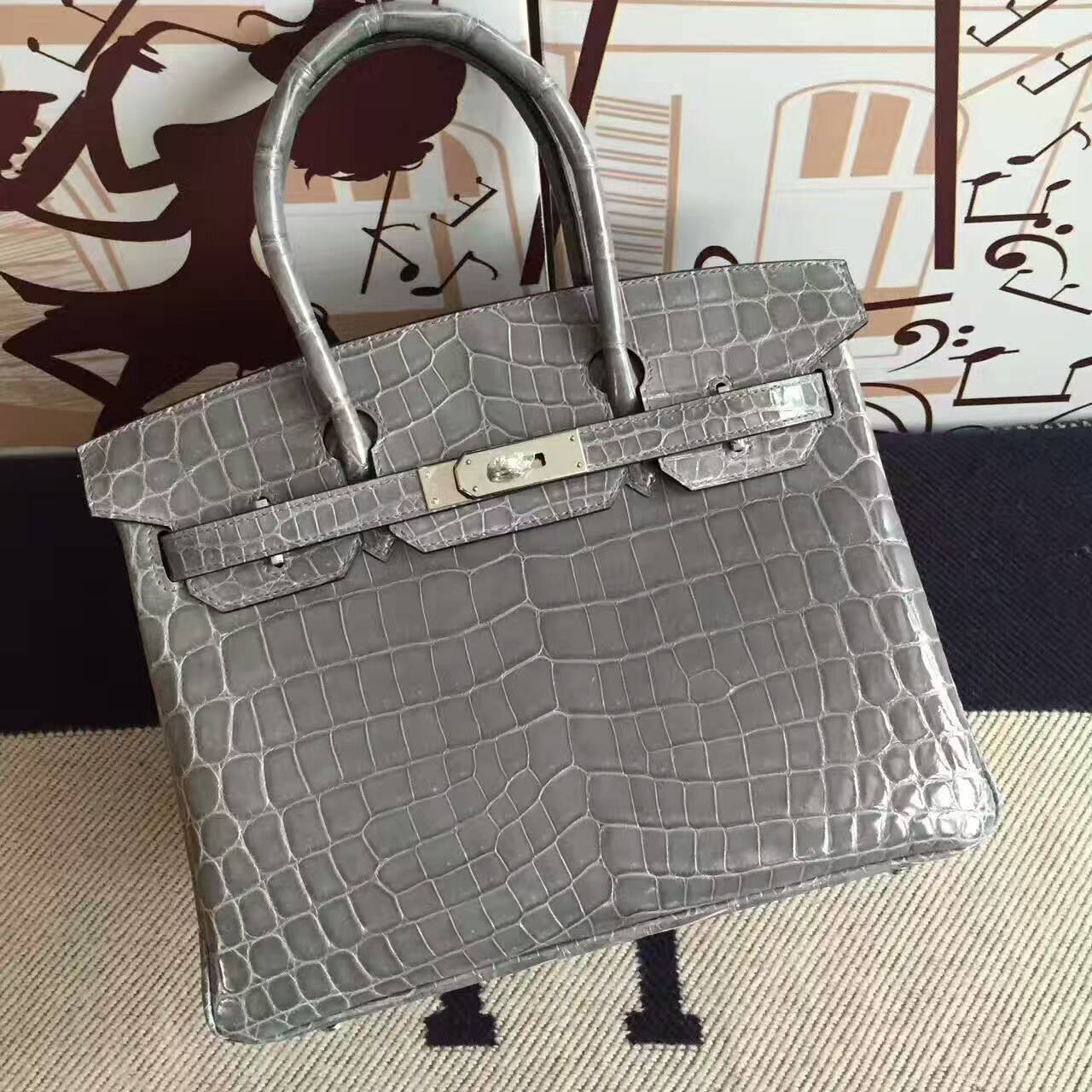 Wholesale Hermes 8M Gris Paris Crocodile Shiny Leather Birkin Bag 30cm