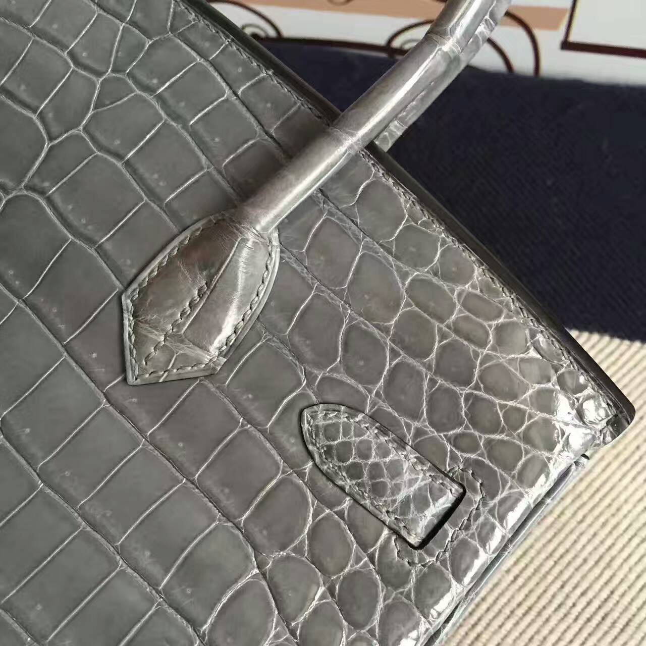Wholesale Hermes 8M Gris Paris Crocodile Shiny Leather Birkin Bag 30cm