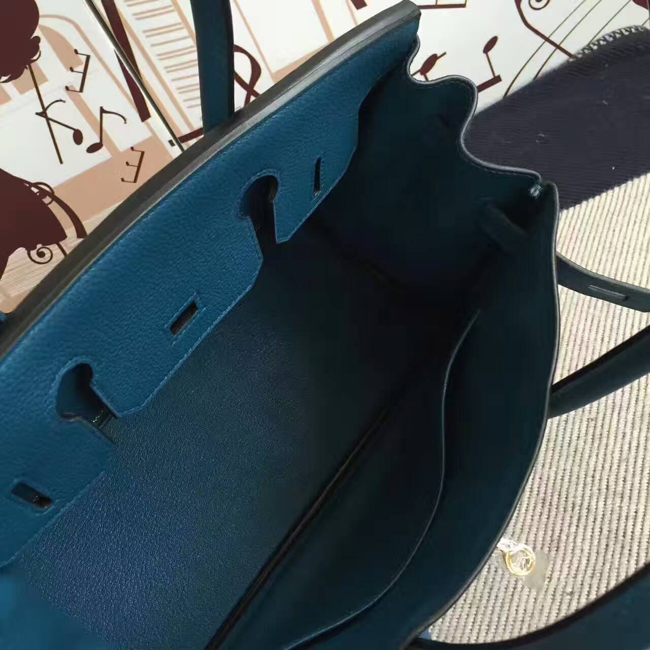 Hand Stitching Hermes Birkin Bag 30cm in S7 Blue de Galice Togo Leather