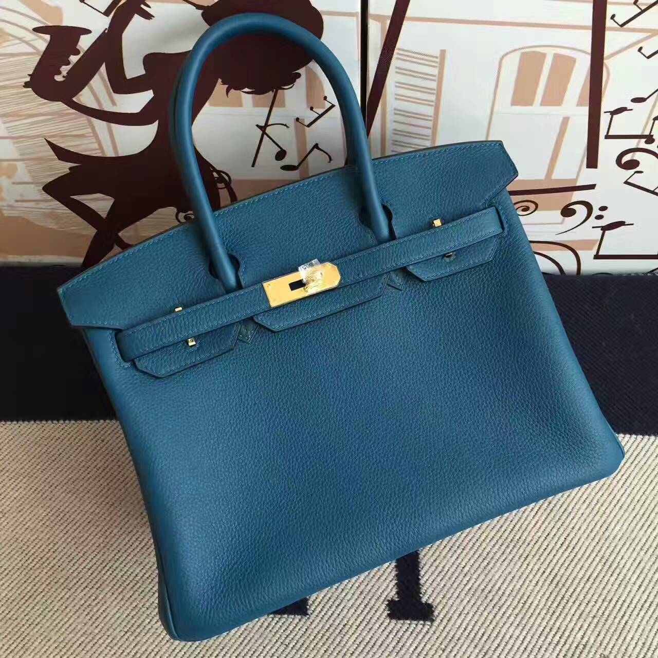Hand Stitching Hermes Birkin Bag 30cm in S7 Blue de Galice Togo Leather