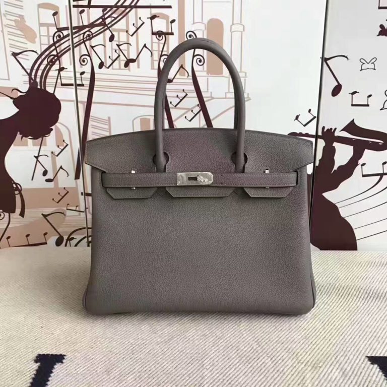 Hermes 8F Etain Grey Togo Leather Birkin Tote Bag  30cm
