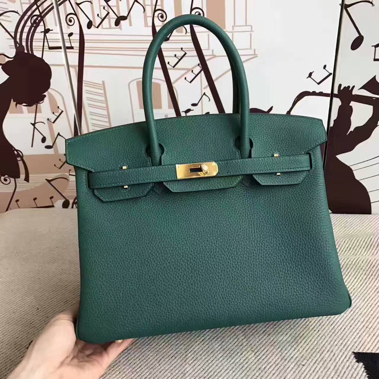 Hand Stitching Hermes Z6 Malachite Green Togo Leather Birkin Bag 30cm