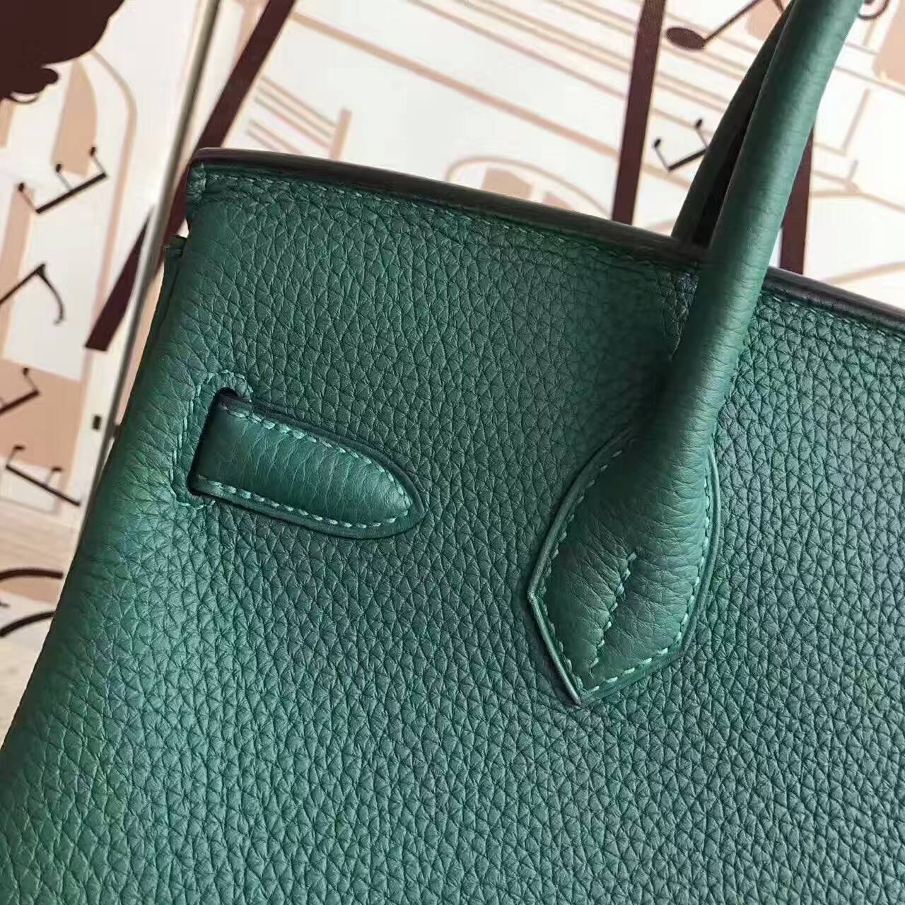 Hand Stitching Hermes Z6 Malachite Green Togo Leather Birkin Bag 30cm