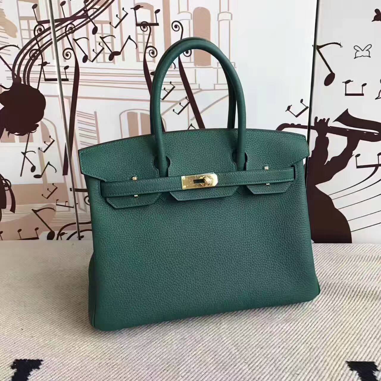 Hand Stitching Hermes Z6 Malachite Green Togo Leather Birkin Bag 30cm