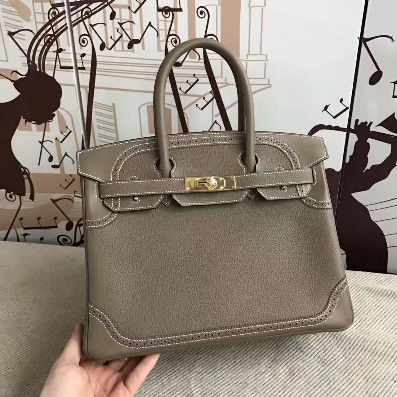 On Sale Hermes CK18 Etoupe Grey Togo Leather Ghillies Birkin Bag 30cm