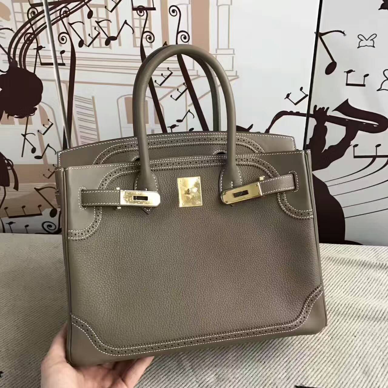 On Sale Hermes CK18 Etoupe Grey Togo Leather Ghillies Birkin Bag 30cm