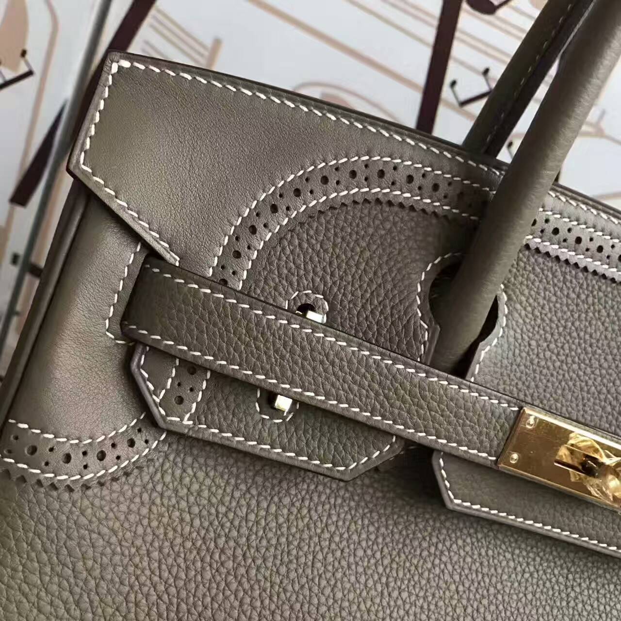 On Sale Hermes CK18 Etoupe Grey Togo Leather Ghillies Birkin Bag 30cm