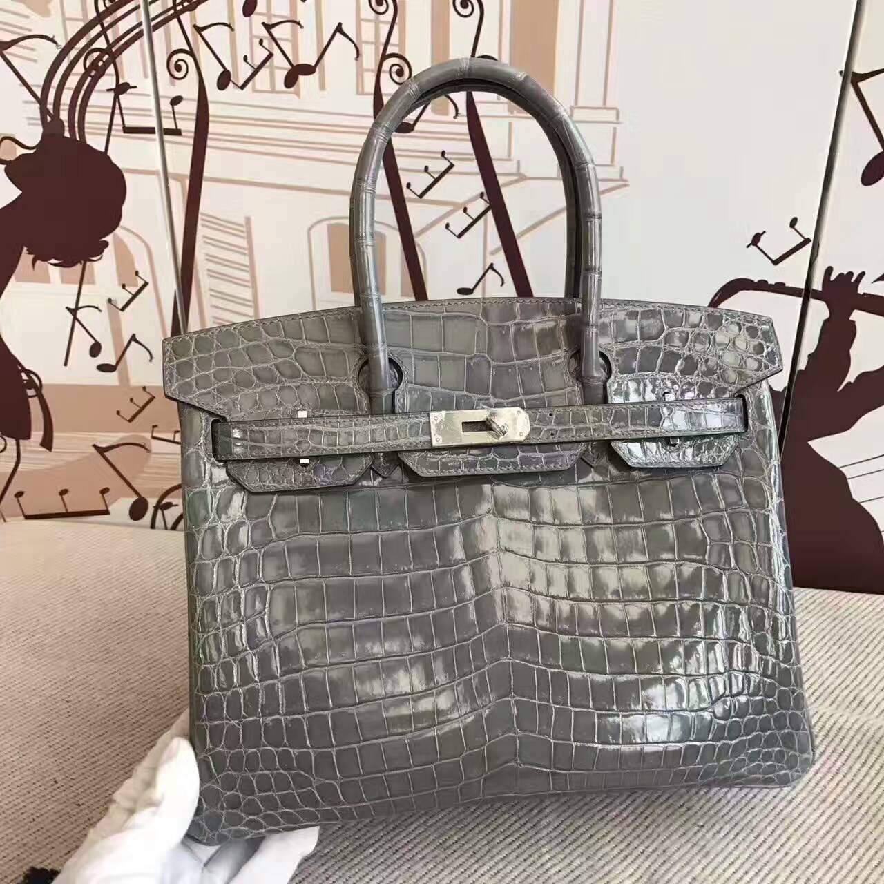 On Sale Hermes 8M Gris Paris Crocodile Shiny Leather Birkin Bag 30cm