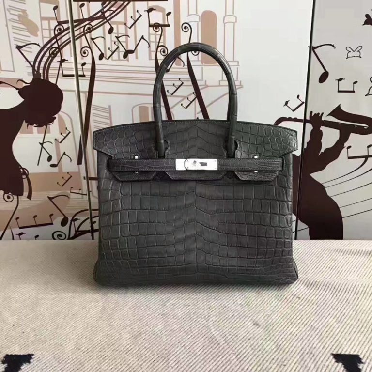 Hermes 8F Etain Grey Crocodile Matt Leather Birkin Bag  30cm