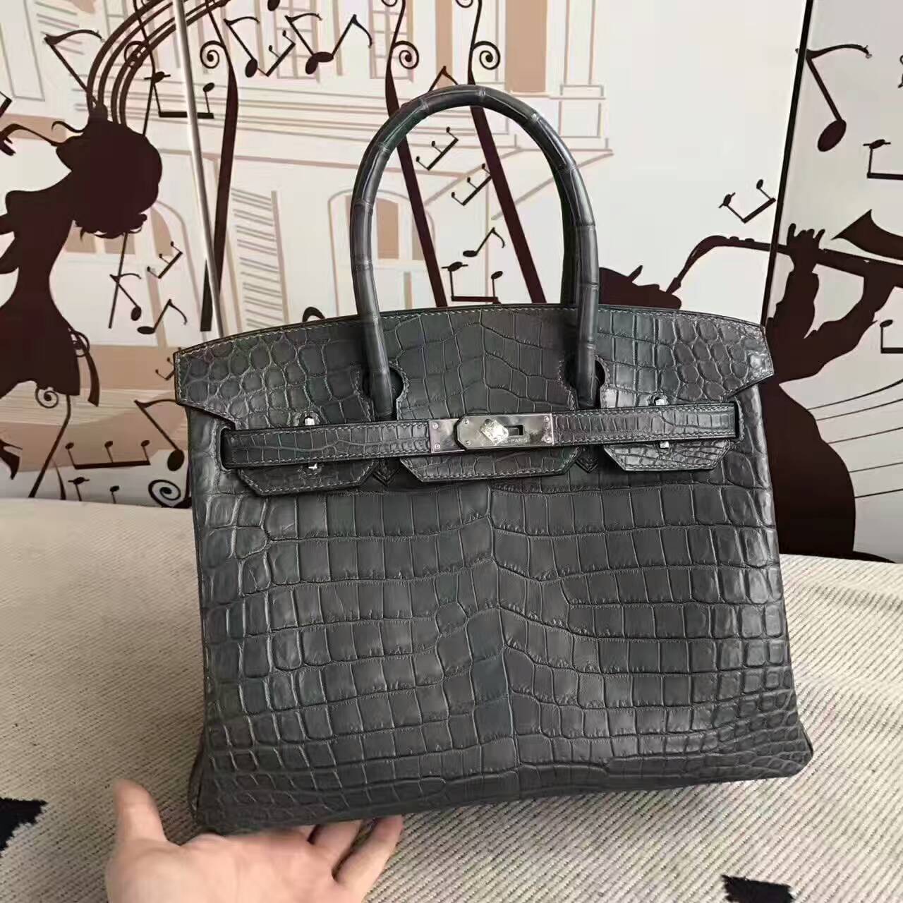 Discount Hermes 8F Etain Grey Crocodile Matt Leather Birkin Bag 30cm