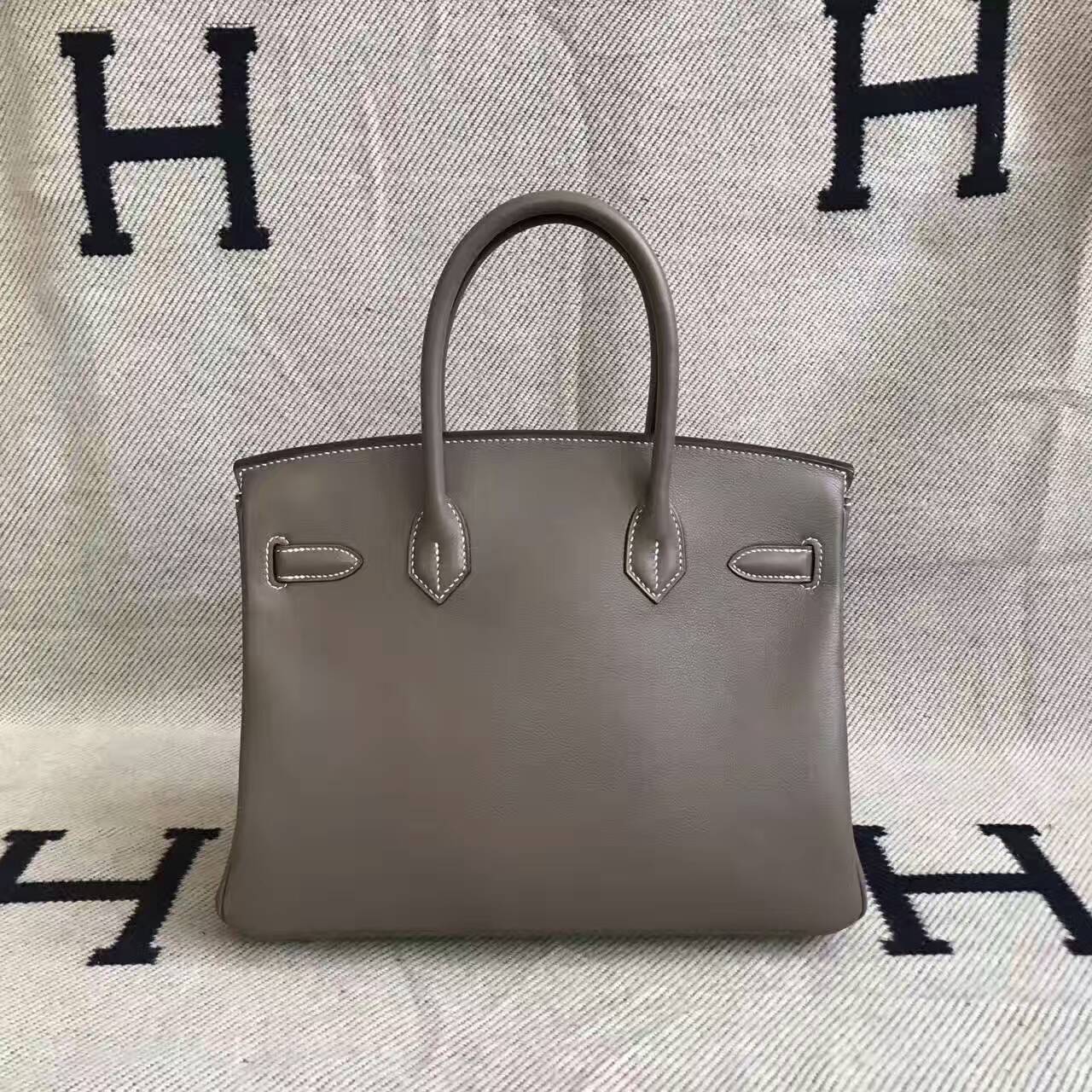Hand Stitching Hermes C18 Etoupe Grey Swift Leather Birkin Bag 30cm