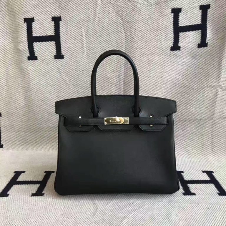 Hermes Black Swift Calfskin Leather Birkin Bag  30cm