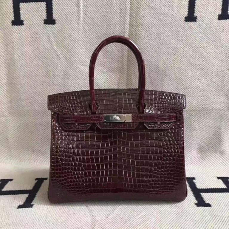 On Hermes CK57 Bordeaux Crocodile Shiny Leather Birkin Bag  30cm