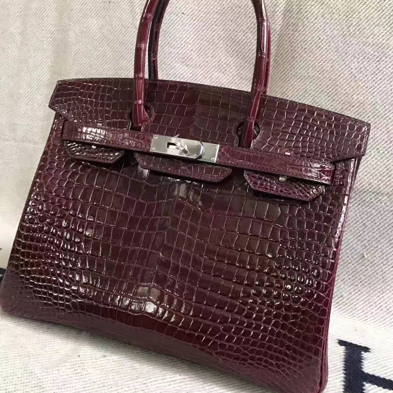 On Sale Hermes CK57 Bordeaux Crocodile Shiny Leather Birkin Bag 30cm