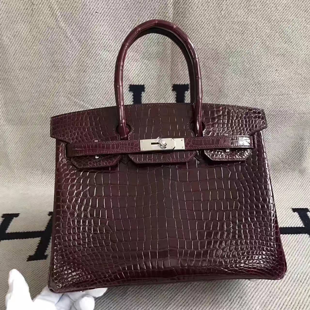 On Sale Hermes CK57 Bordeaux Crocodile Shiny Leather Birkin Bag 30cm