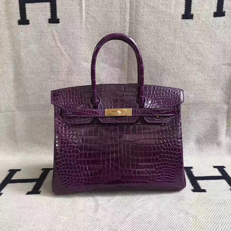 Hermes 9G Violet Crocodile Shiny Leather Birkin  30cm Handbag