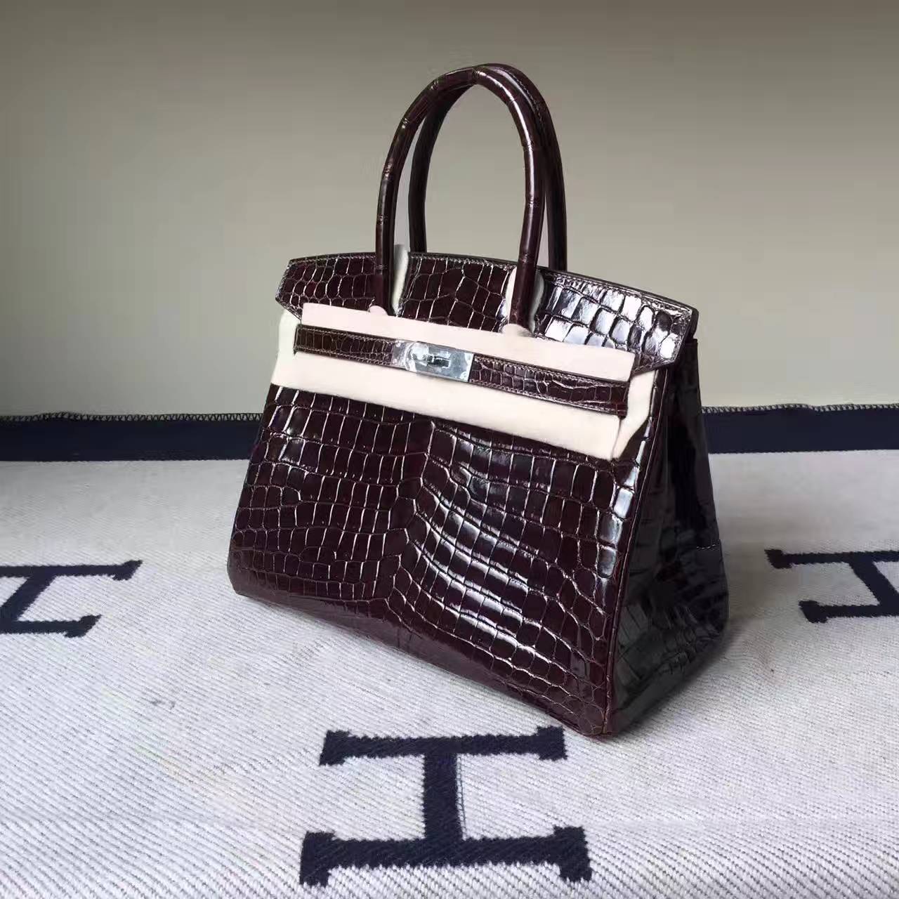 High Quality Hermes 4D Terre Crocodile Shiny Leather Birkin Bag 30cm