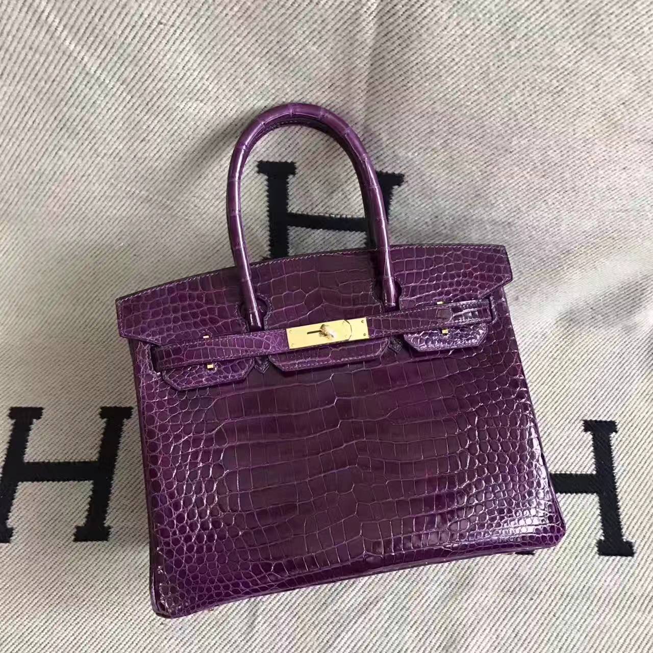 New Arrival Hermes Porosus Shiny Leather Birkin Bag 30cm in 5C Violet