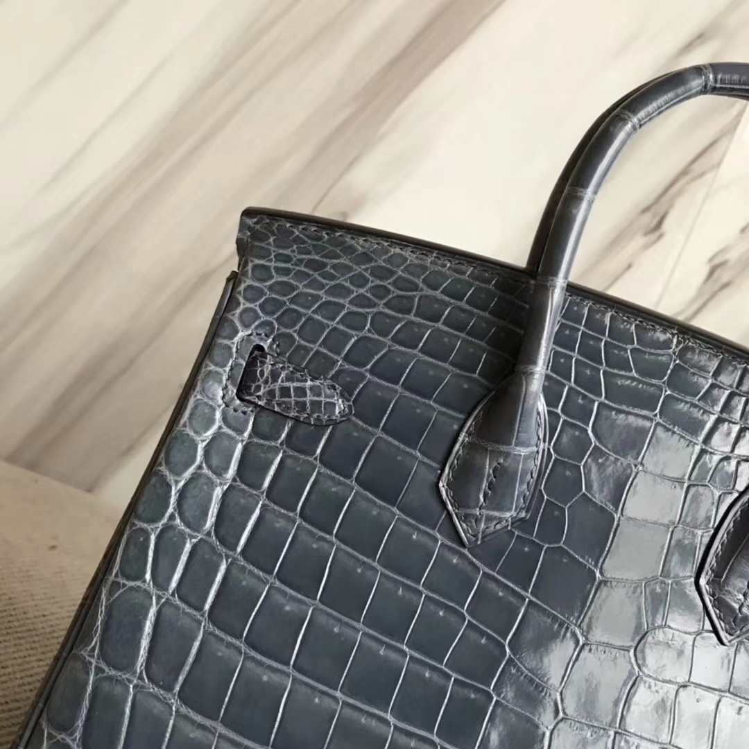 Stock Discount Hermes Blue Jean Shiny Crocodile Birkin25CM Bag Silver Hardware