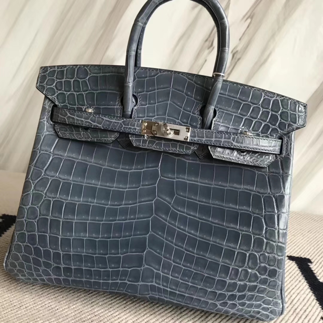 Stock Discount Hermes Blue Jean Shiny Crocodile Birkin25CM Bag Silver Hardware