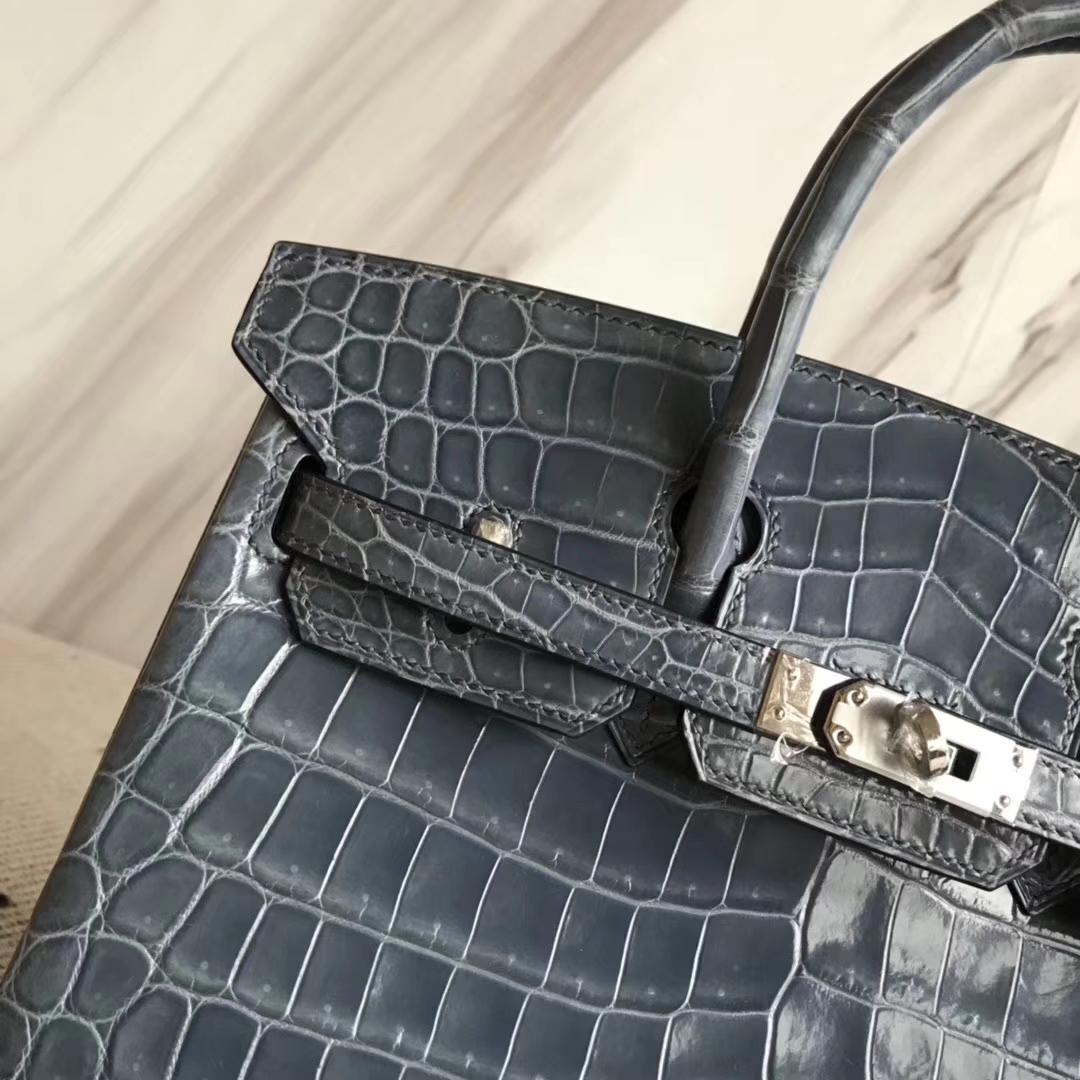 Stock Discount Hermes Blue Jean Shiny Crocodile Birkin25CM Bag Silver Hardware