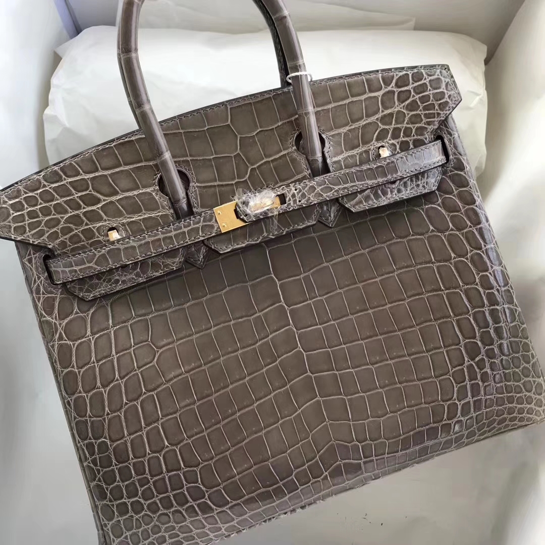 Fashion Hermes Shiny Crocodile Birkin Bag25CM Women’s Bag in CK81 Gris T Gold Hardware