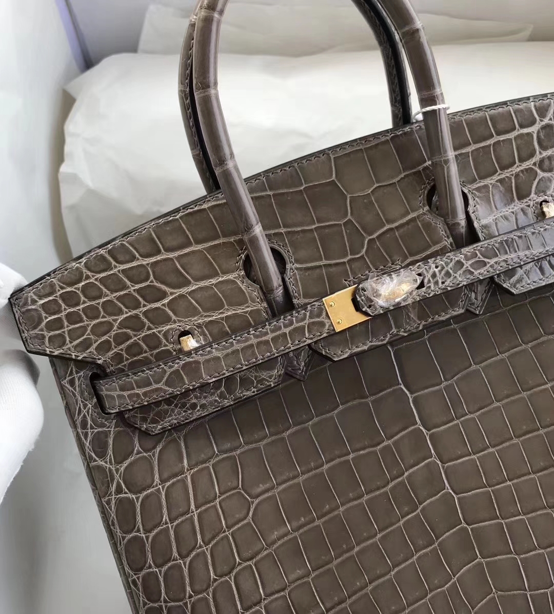 Fashion Hermes Shiny Crocodile Birkin Bag25CM Women&#8217;s Bag in CK81 Gris T Gold Hardware