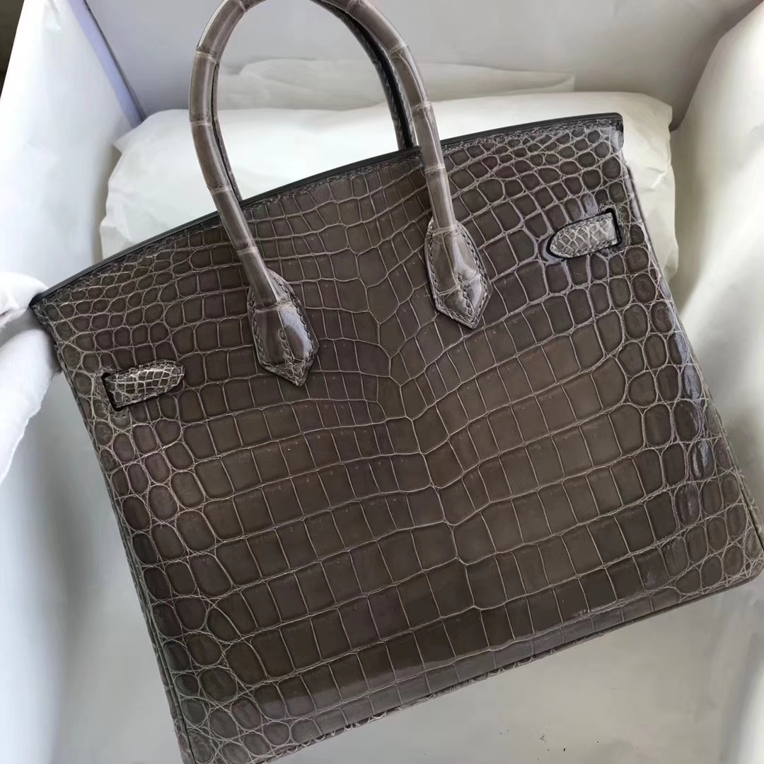 Fashion Hermes Shiny Crocodile Birkin Bag25CM Women’s Bag in CK81 Gris T Gold Hardware