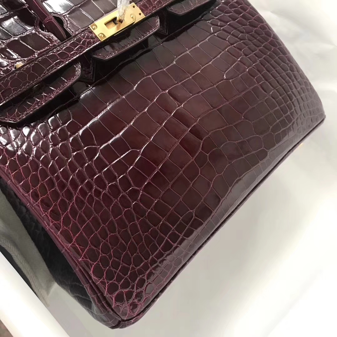 Luxury Hermes Shiny Crocodile Birkin25CM Tote Bag in CK57 Bordeaux Gold/Silver Hardware
