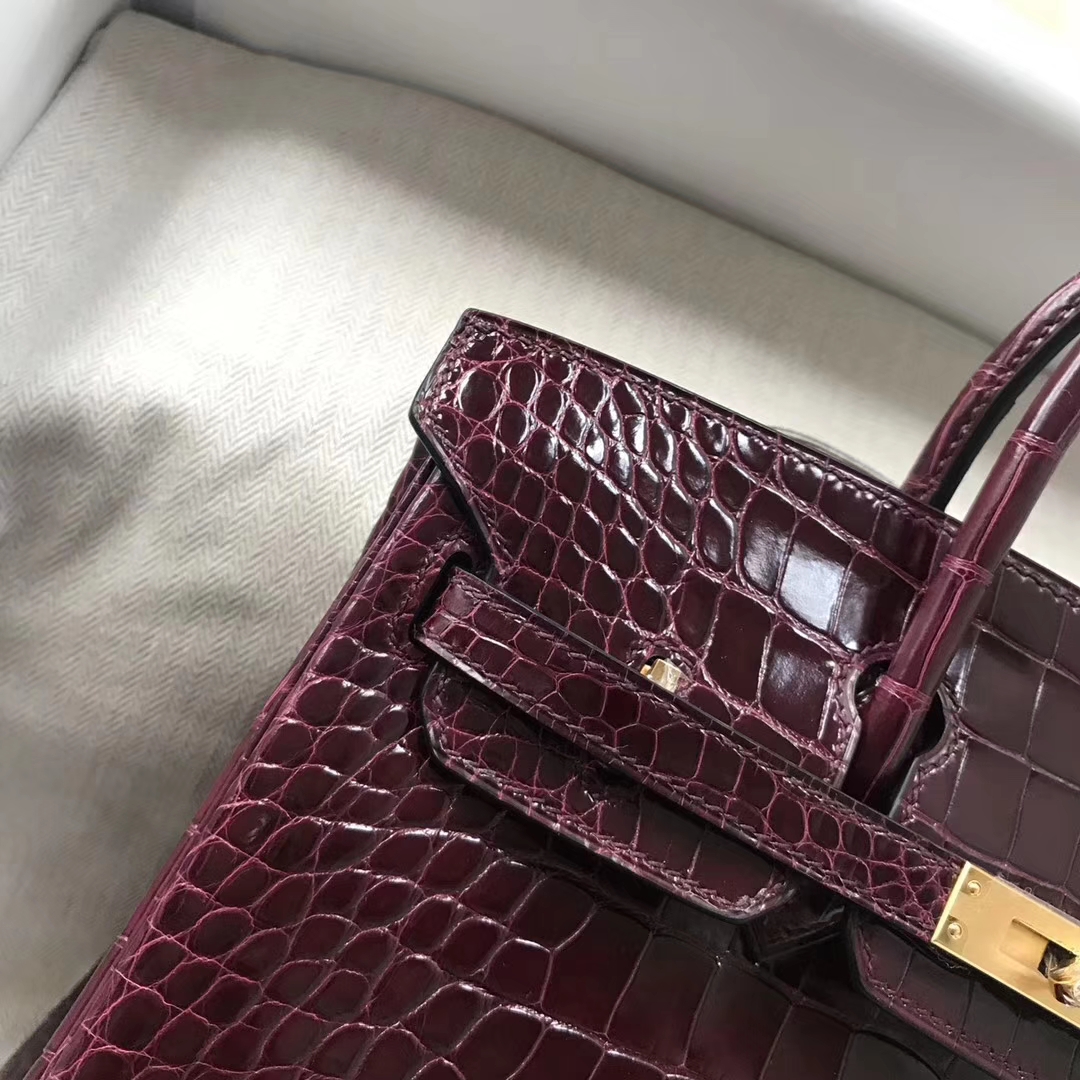 Luxury Hermes Shiny Crocodile Birkin25CM Tote Bag in CK57 Bordeaux Gold/Silver Hardware