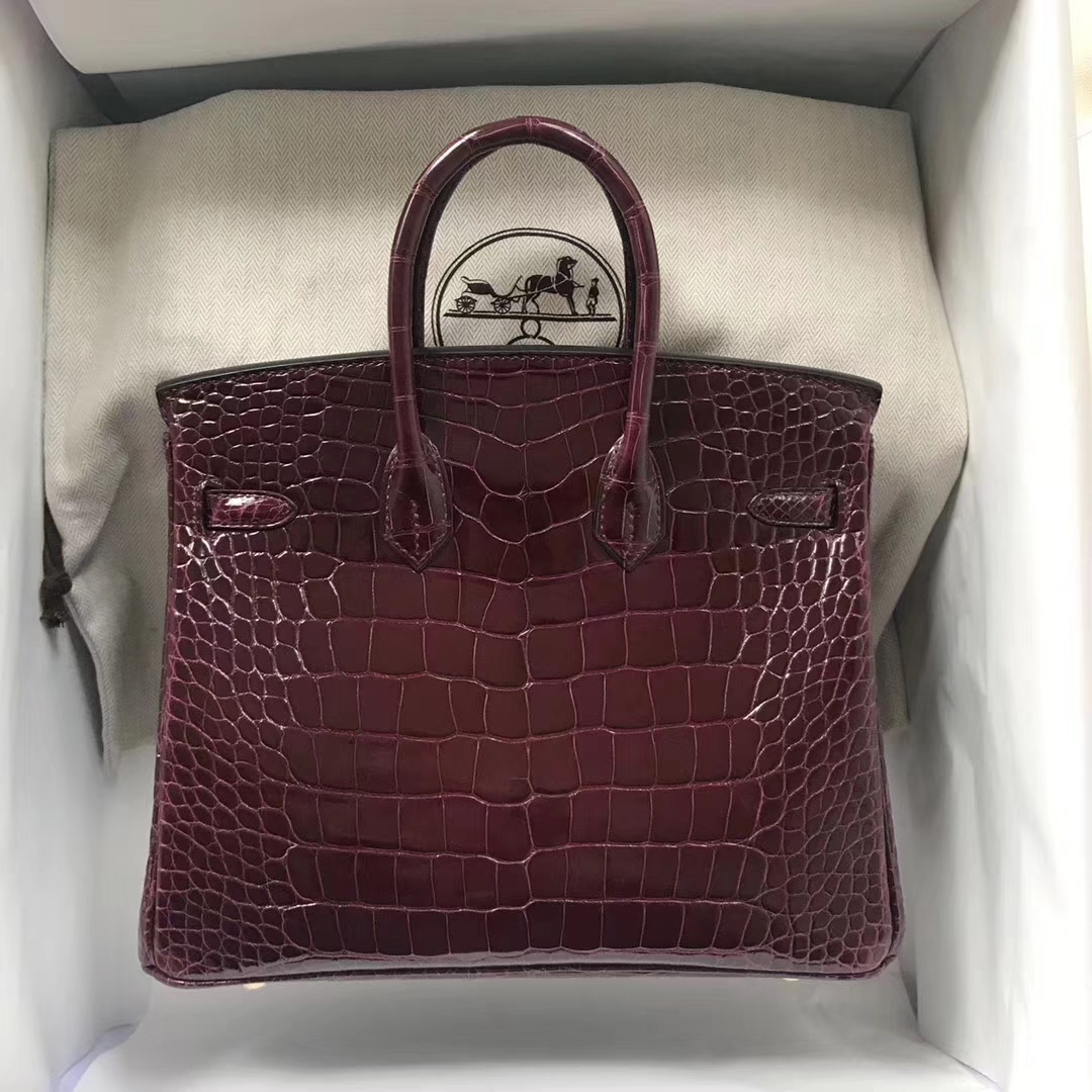 Luxury Hermes Shiny Crocodile Birkin25CM Tote Bag in CK57 Bordeaux Gold/Silver Hardware