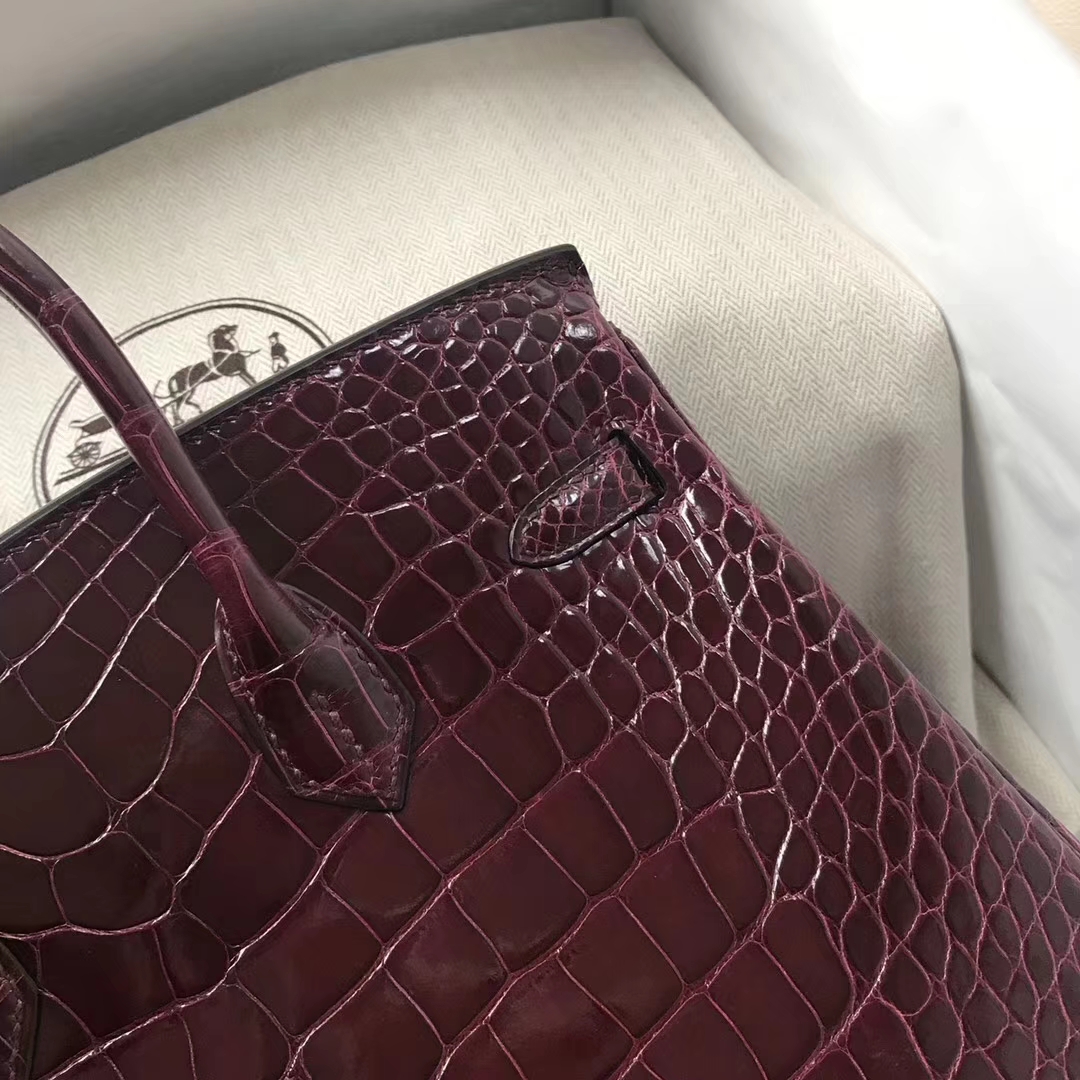 Luxury Hermes Shiny Crocodile Birkin25CM Tote Bag in CK57 Bordeaux Gold/Silver Hardware