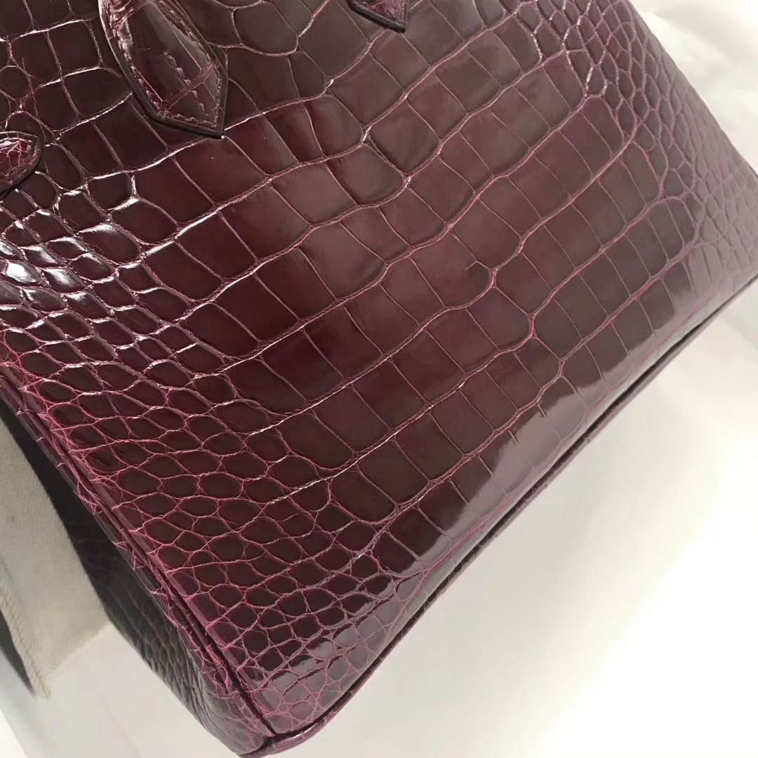Luxury Hermes Shiny Crocodile Birkin25CM Tote Bag in CK57 Bordeaux Gold/Silver Hardware