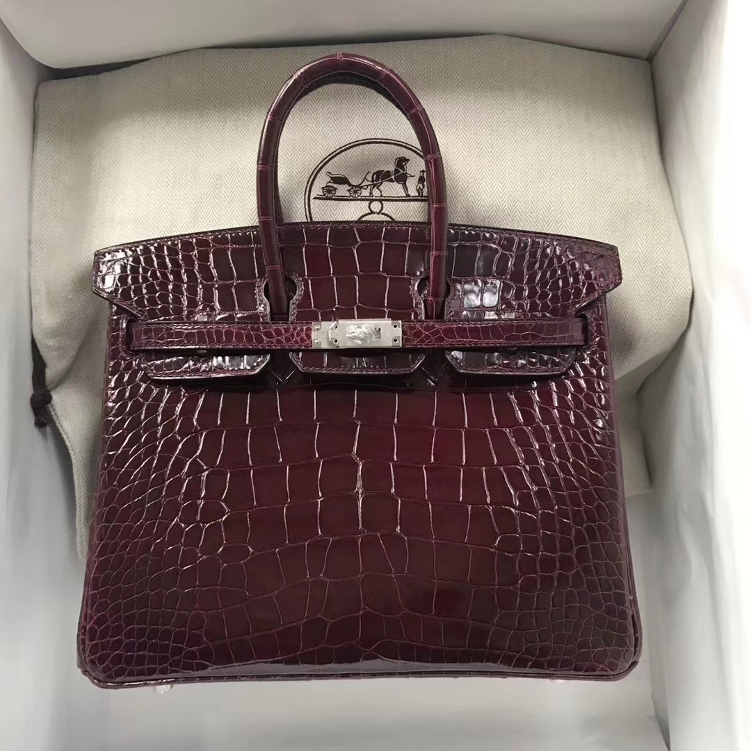 Luxury Hermes Shiny Crocodile Birkin25CM Tote Bag in CK57 Bordeaux Gold/Silver Hardware