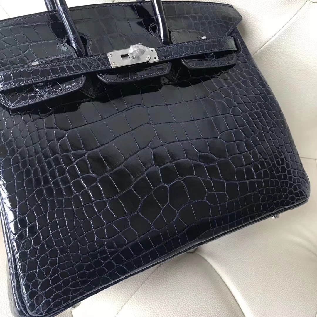 Stock Hermes 7K Blue Saphir Alligator Shiny Crocodile Birkin25CM Bag Silver Hardware