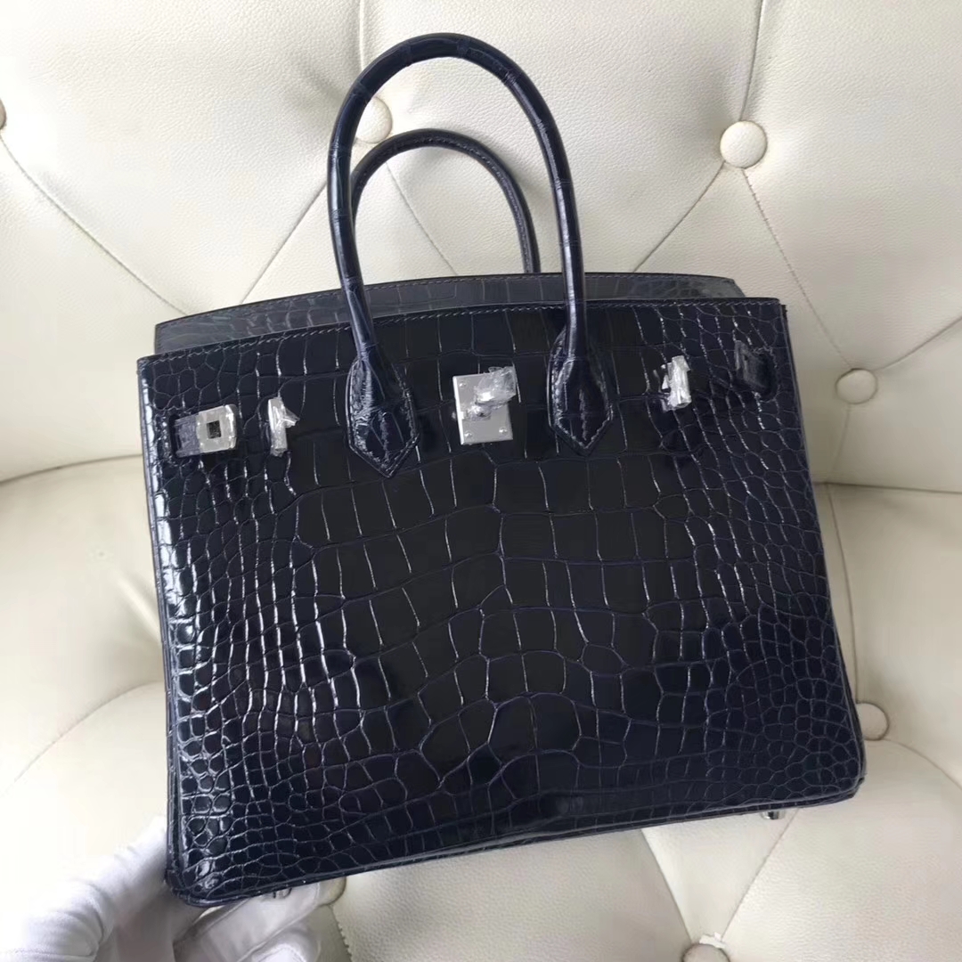 Stock Hermes 7K Blue Saphir Alligator Shiny Crocodile Birkin25CM Bag Silver Hardware
