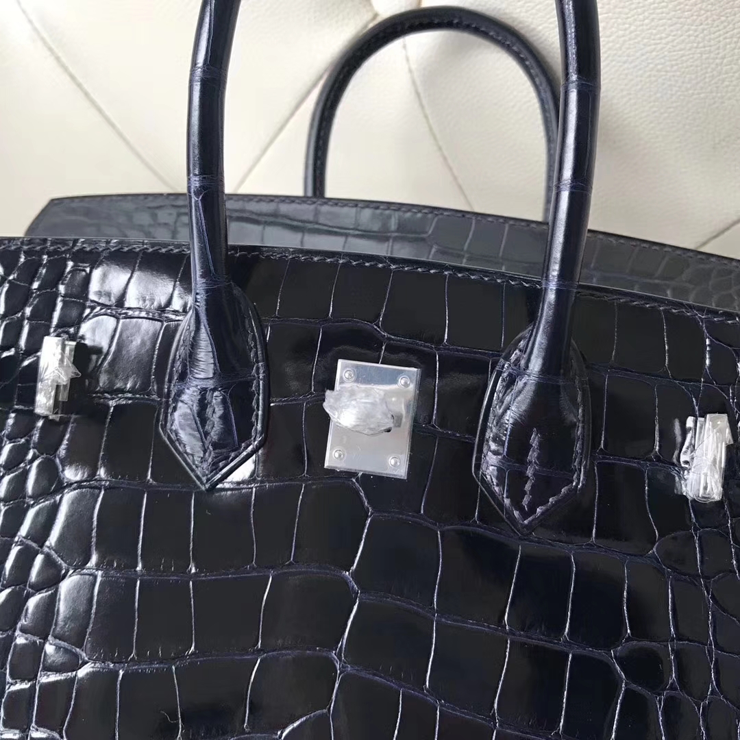 Stock Hermes 7K Blue Saphir Alligator Shiny Crocodile Birkin25CM Bag Silver Hardware