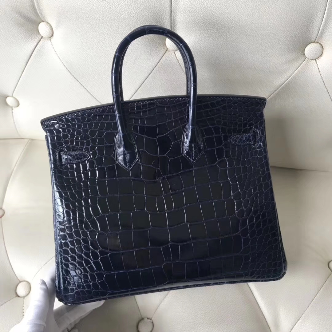 Stock Hermes 7K Blue Saphir Alligator Shiny Crocodile Birkin25CM Bag Silver Hardware
