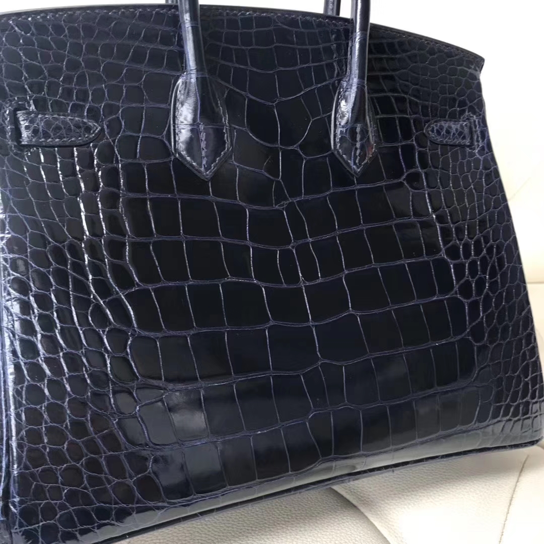 Stock Hermes 7K Blue Saphir Alligator Shiny Crocodile Birkin25CM Bag Silver Hardware