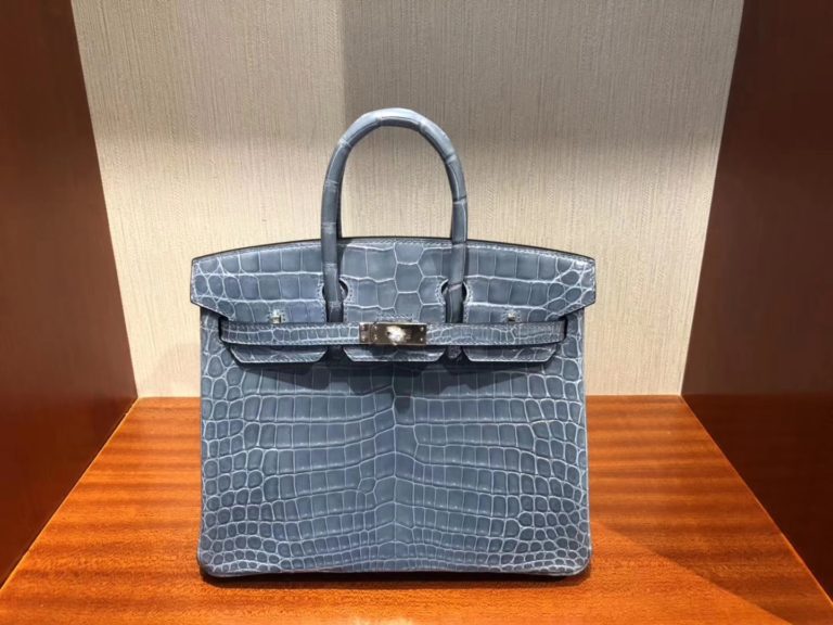 Hermes Shiny Crocodile Birkin 25CM Womens Bag CK75 Blue Jean Silver Hardware