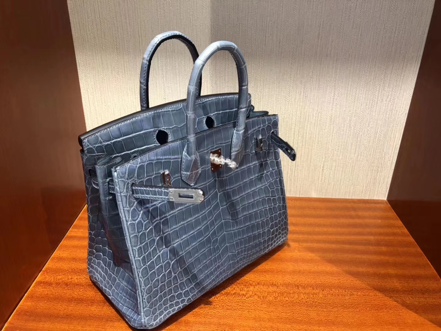 Stock Hermes Shiny Crocodile Birkin25CM Women&#8217;s Bag CK75 Blue Jean Silver Hardware