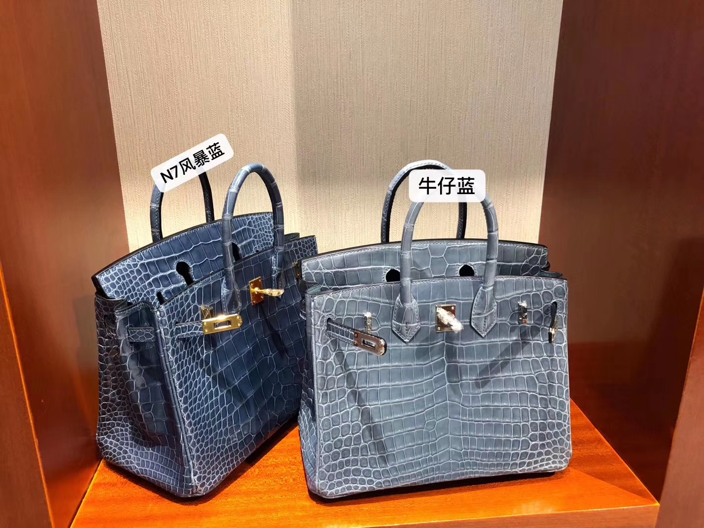 Stock Hermes Shiny Crocodile Birkin25CM Women&#8217;s Bag CK75 Blue Jean Silver Hardware