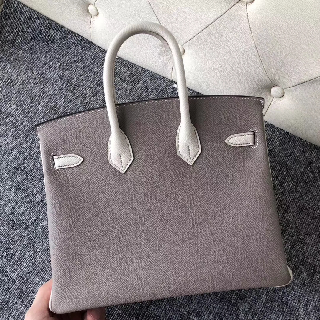 Fashion Hermes CK18 Gris Etoupe/CK10 Craie White Epsom Birkin Bag25CM Gold Hardware