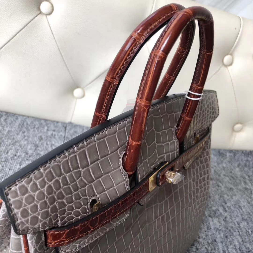 Luxury Hermes CK81 Gris T/CK31 Miel Shiny Crocodile Birkin Bag25cm Gold Hardware