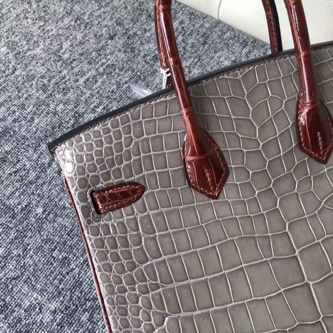 Luxury Hermes CK81 Gris T/CK31 Miel Shiny Crocodile Birkin Bag25cm Gold Hardware