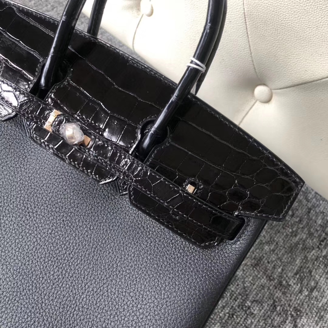 Hermes Birkin25CM Bag CK89 Black Shiny Crocodile/Togo Calf Leather Rose Gold Hardware