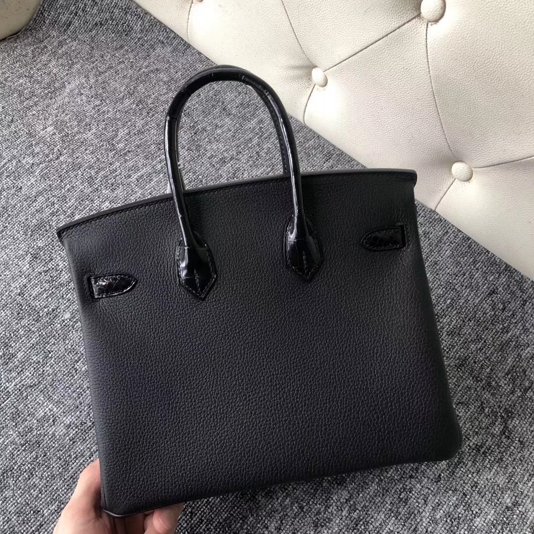 Hermes Birkin25CM Bag CK89 Black Shiny Crocodile/Togo Calf Leather Rose Gold Hardware
