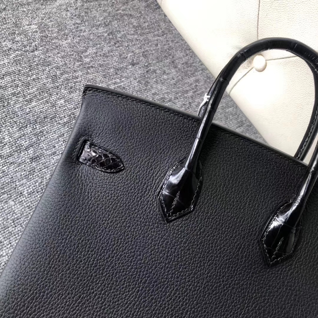 Hermes Birkin25CM Bag CK89 Black Shiny Crocodile/Togo Calf Leather Rose Gold Hardware